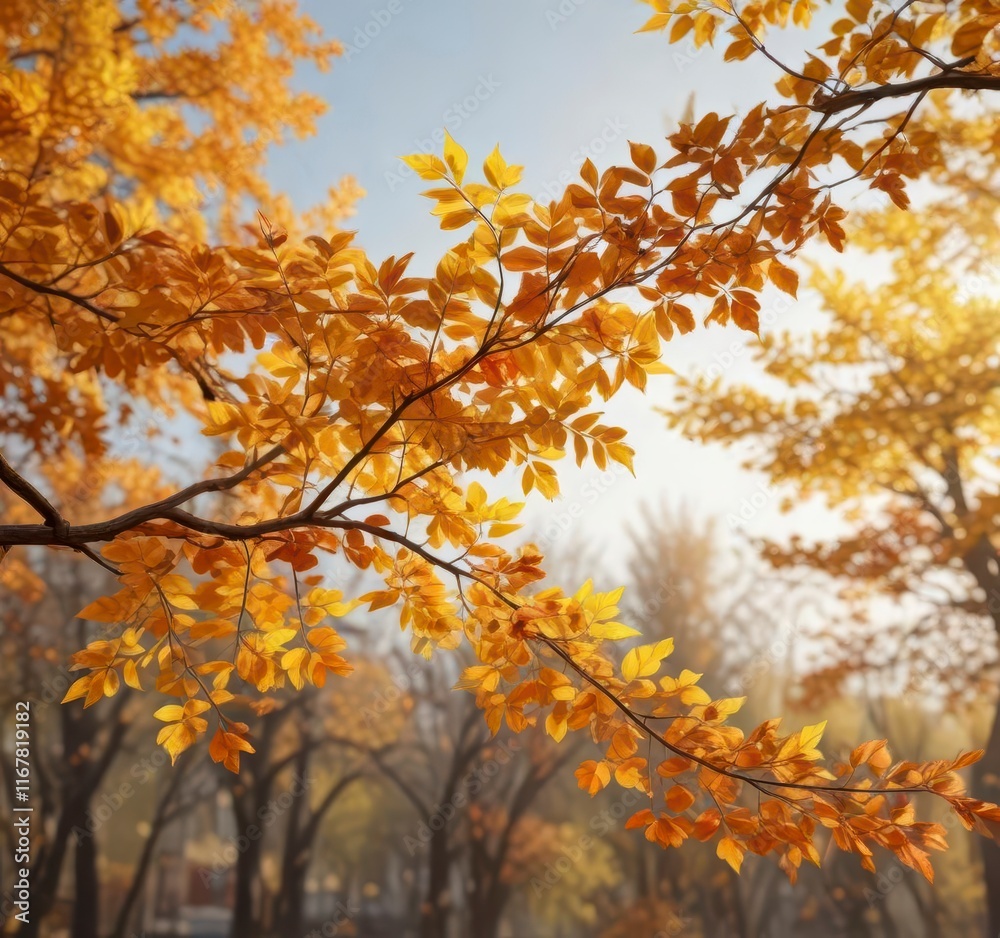 Warm autumn branch with vibrant leaves in shades of orange and yellow branches out towards camera, seasonal, colorful leaves, autumn branch Warm autumn branch with vibrant leaves in shades of orange and yellow branches out towards camera, seasonal, colorful leaves, autumn branch