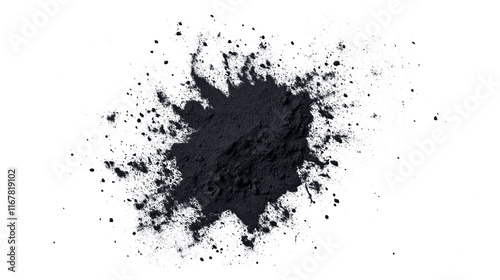 top view on one single black activated charcoal powder pile heap isolated on white background	
