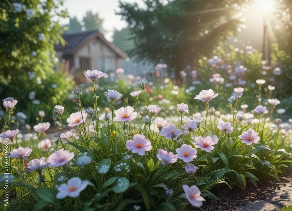 Softly blooming flowers in a garden amidst gentle morning dew, foliage, blossoms, bloom Softly blooming flowers in a garden amidst gentle morning dew, foliage, blossoms, bloom