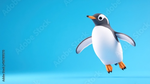 A playful cartoon penguin against a vibrant blue background. photo