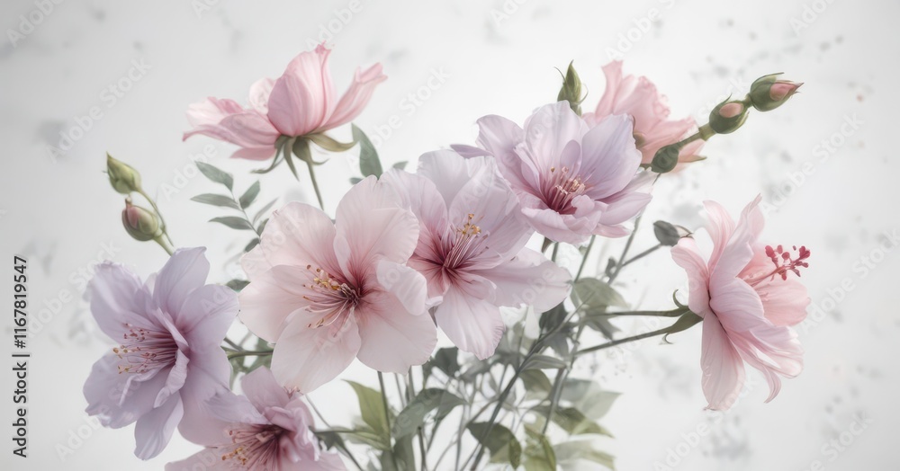 Soft watercolor blooms dance on a serene white background, botanical illustration, delicate petals, watercolor floral pattern Soft watercolor blooms dance on a serene white background, botanical illustration, delicate petals, watercolor floral pattern