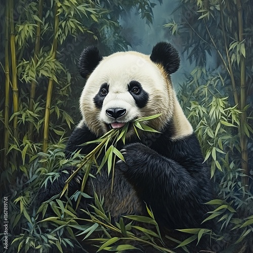 Happy panda eating bamboo in lush forest. photo