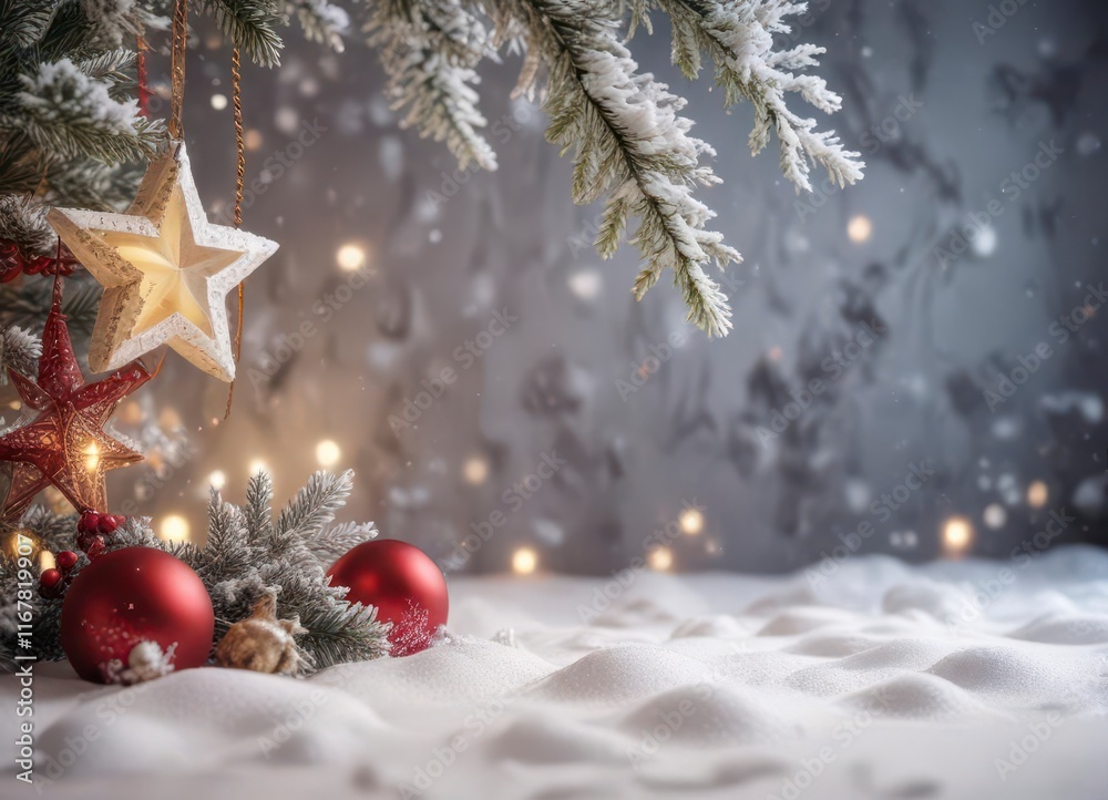 Winter festive snowy background with Christmas decorations, evergreen, garland, seasonal decor Winter festive snowy background with Christmas decorations, evergreen, garland, seasonal decor