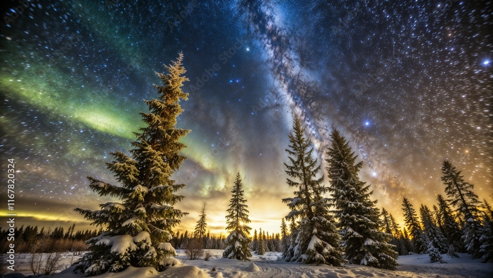 Fototapeta premium Stunning winter night sky with stars and aurora borealis over snowy pine trees