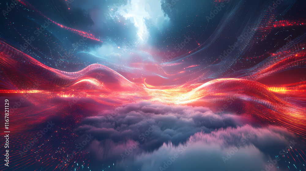 Futuristic cloud computing concept with digital data transmission. abstract technology background with clouds and light trails. Clouded. Illustration Futuristic cloud computing concept with digital data transmission. abstract technology background with clouds and light trails. Clouded. Illustration