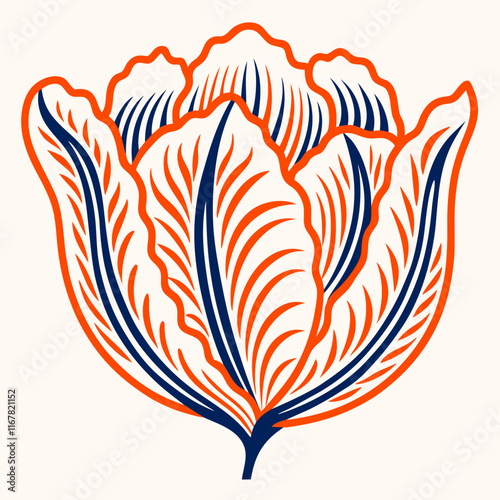 Elegant line drawing of a blooming tulip with intricate details and vibrant colors