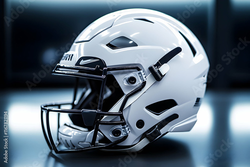 Sleek white football helmet with black accents, representing modern sports design and safety photo