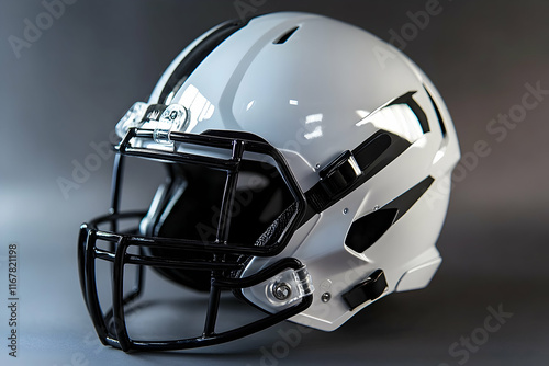 Sleek white football helmet with black accents, representing modern sports design and safety photo