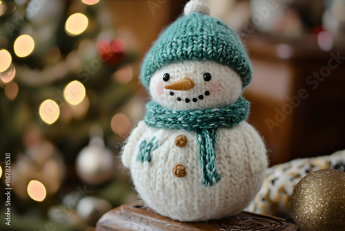 Snowman wearing a teal scarf and white beanie, spreading winter cheer and joy with an inviting smile photo