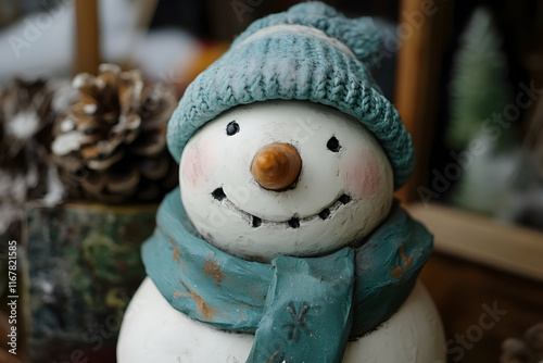 Snowman wearing a teal scarf and white beanie, spreading winter cheer and joy with an inviting smile photo