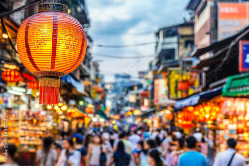 Beautiful Red Lanterns Illuminate Festive Streets During Chinese New Year Night Celebration