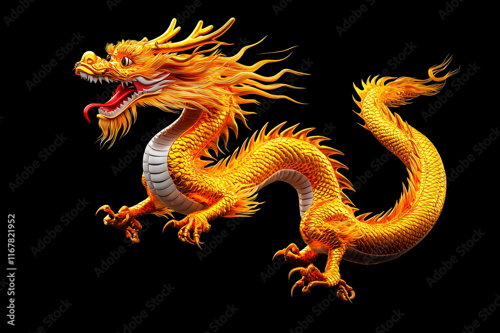 Fototapeta premium 3D Golden Dragon in Dynamic Pose with Flowing Flames and Detailed Textures in Dark Background