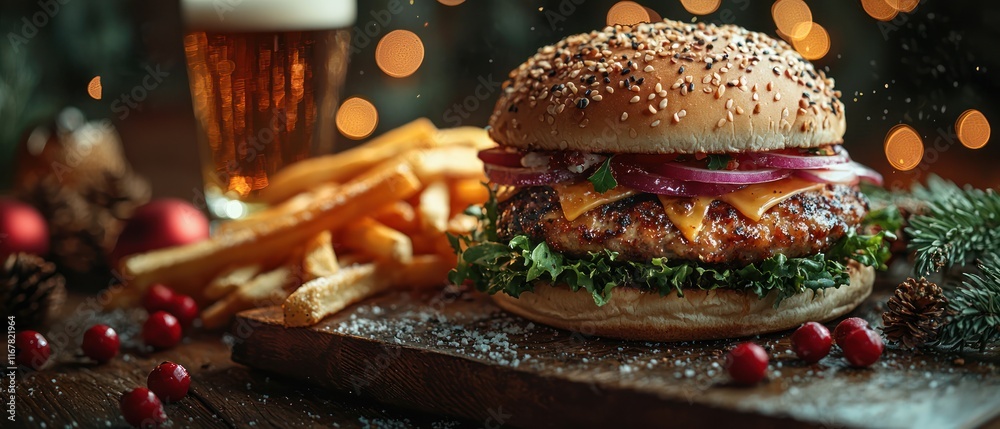 Delicious burger with fries and beer on a wooden table.