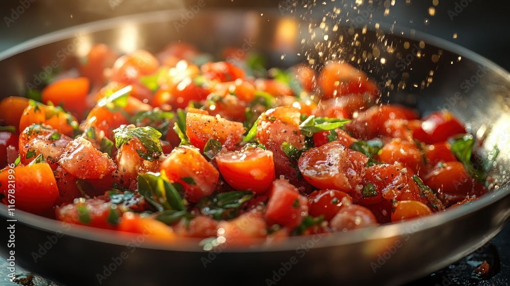 Fresh tomatoes and herbs being prepared in a pan. Fresh tomatoes and herbs being prepared in a pan.