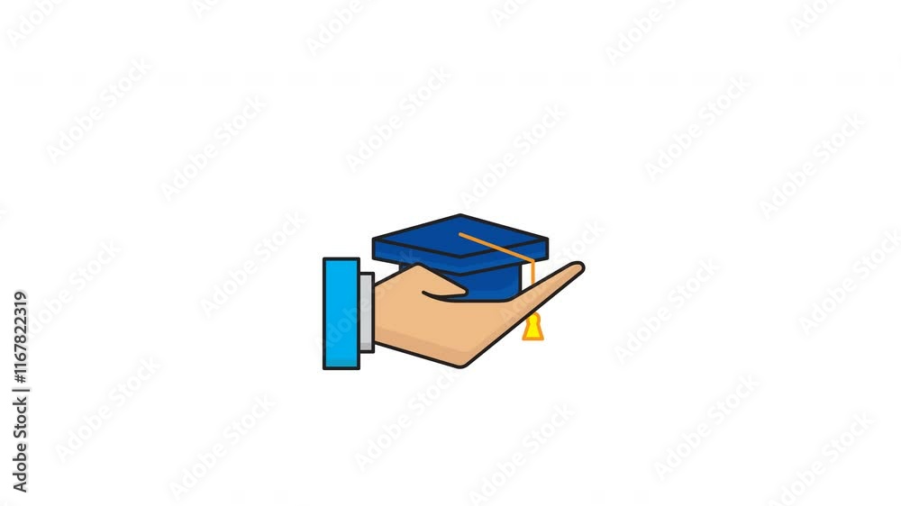 Animatiion of a hand presenting a blue graduation cap with gold tassel. Animatiion of a hand presenting a blue graduation cap with gold tassel.