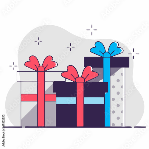 Stylish gift boxes with colorful ribbons and decorative bows on a festive background