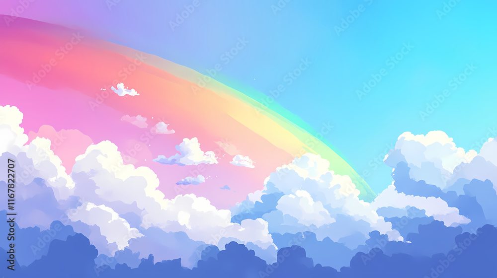 A vibrant rainbow arching across a clear blue sky, with soft white clouds gently floating in the background, creating a serene atmosphere,no blurriness. Clouded. Illustration A vibrant rainbow arching across a clear blue sky, with soft white clouds gently floating in the background, creating a serene atmosphere,no blurriness. Clouded. Illustration