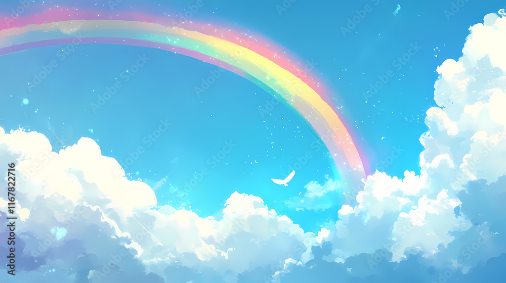A vibrant rainbow arching across a clear blue sky, with soft white clouds gently floating in the background, creating a serene atmosphere,no blurriness. Clouded. Illustration A vibrant rainbow arching across a clear blue sky, with soft white clouds gently floating in the background, creating a serene atmosphere,no blurriness. Clouded. Illustration