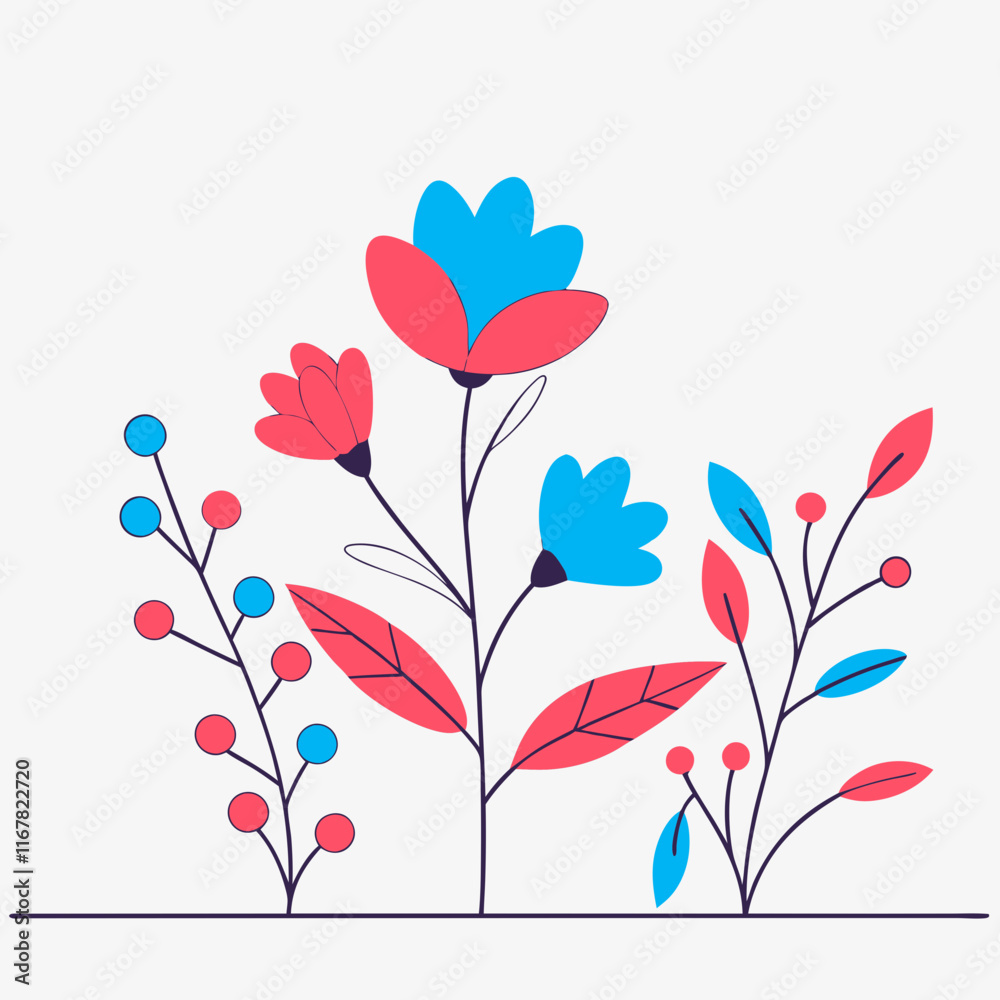 Colorful playful flowers and berries in vibrant red and blue hues Colorful playful flowers and berries in vibrant red and blue hues
