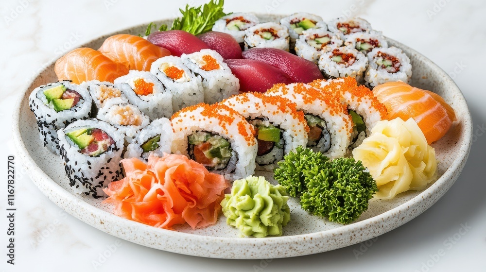 Vibrant sushi with wasabi and pickled ginger on white plate Vibrant sushi with wasabi and pickled ginger on white plate