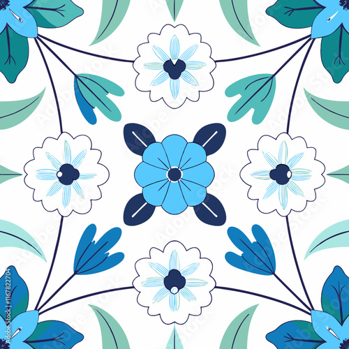 Stylized floral pattern with blue and green flowers on a white background