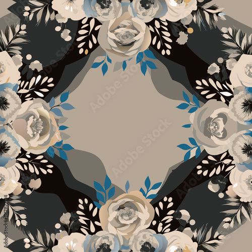 Elegant floral frame with beige roses and blue accents on a dark background