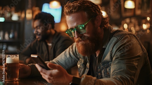 Wallpaper Mural Bearded Man Uses Phone at Bar Drinking Beer Torontodigital.ca