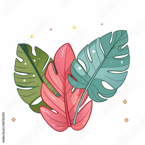colorful illustration of tropical leaves in a playful style on a light background