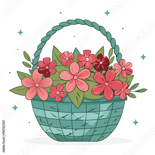 Colorful flower basket filled with vibrant blossoms and green leaves