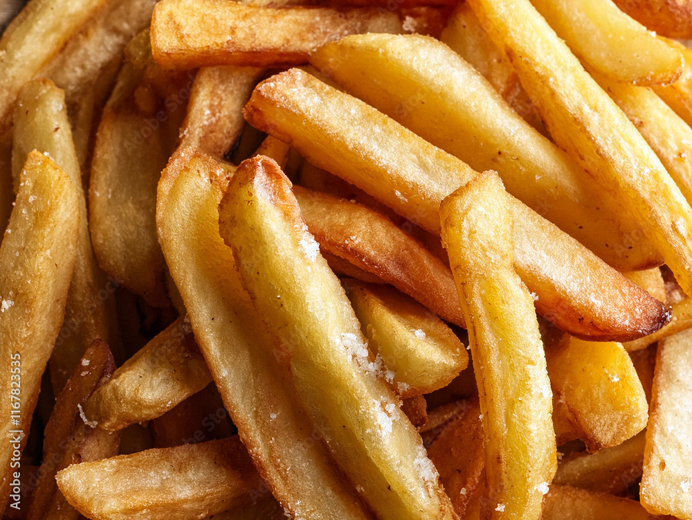 Crispy golden French fries sprinkled with sea salt on a brown paper background. Crispy golden French fries sprinkled with sea salt on a brown paper background.