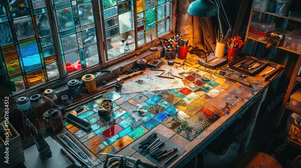 Obraz premium Artist's stained glass workshop with tools and colorful glass pieces on a workbench.