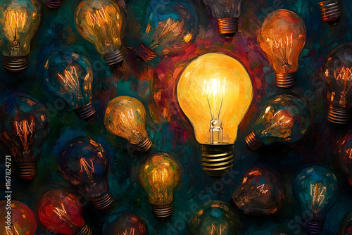 A single bright light bulb shines amidst a sea of dim ones, symbolizing originality and innovation