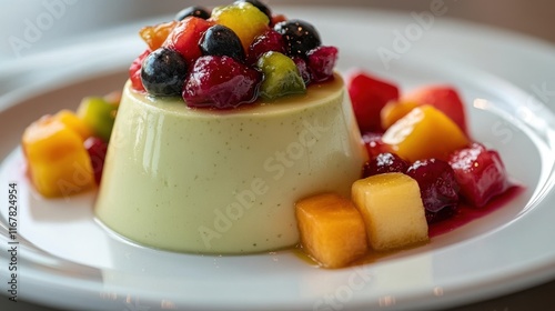 Matcha panna cotta with fruit compote on white plate photo