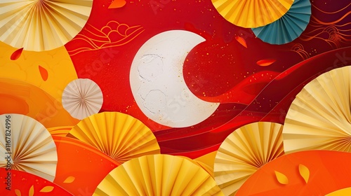 Cheerful Moon and Fans Prompt: A colorful graphic featuring a striking red and yellow background, with a prominent, softly shaded moon. The addition of paper fans adds a whimsical and festive element 