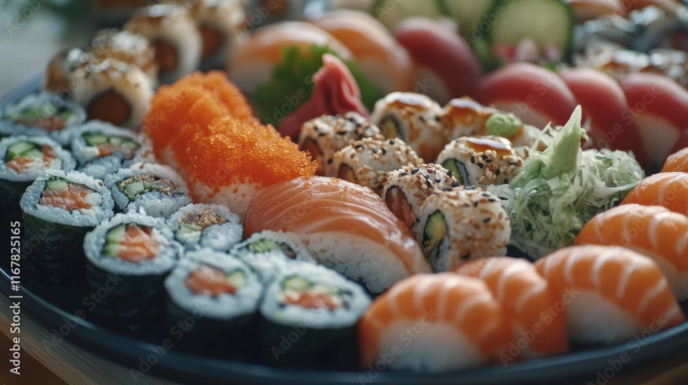 Delicious sushi platter with various rolls and sashimi. generative ai Delicious sushi platter with various rolls and sashimi. generative ai