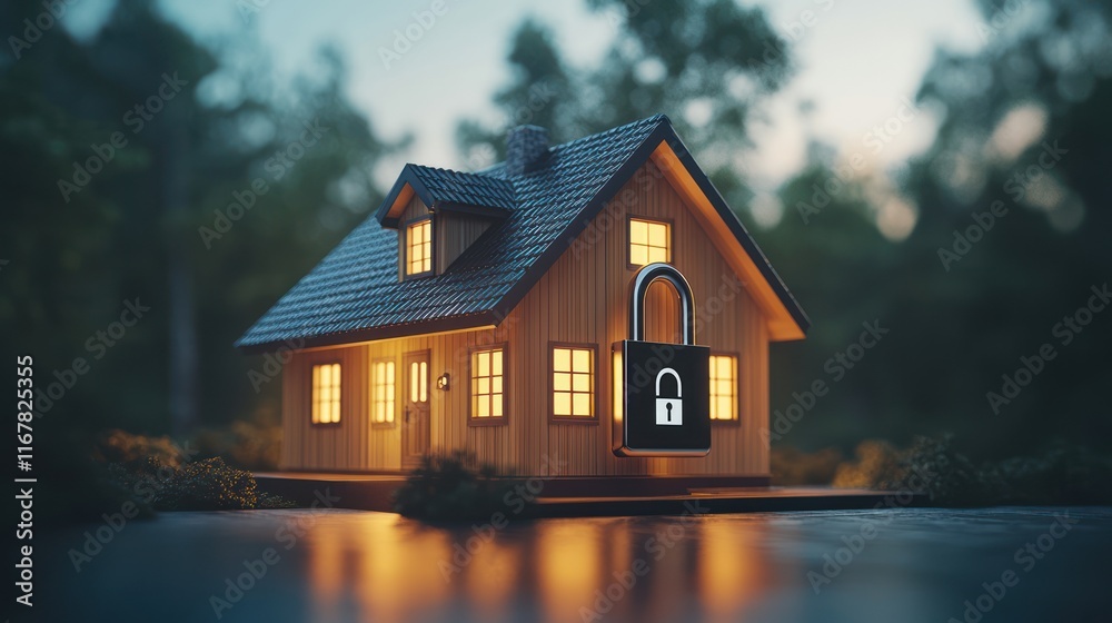 Illuminated house model with padlock, signifying home security at night.