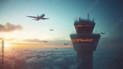 Air traffic control tower above clouds with airplanes. generative ai photo