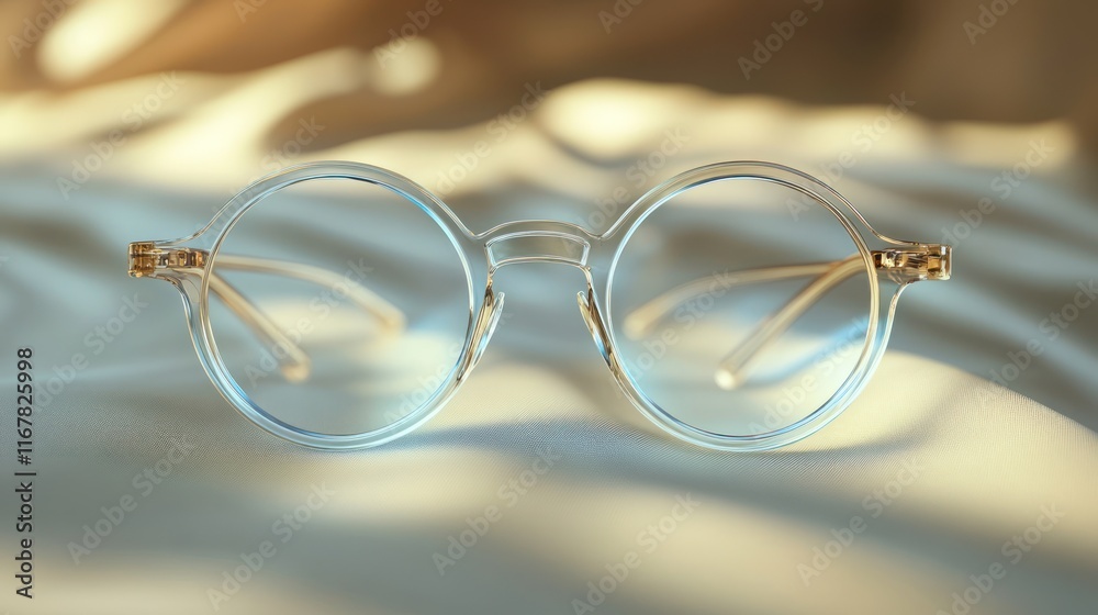 Light blue round eyeglasses on soft fabric. Light blue round eyeglasses on soft fabric.