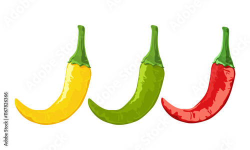 Hot Chili Pepper Assortments Vector Illustration Isolated on White.