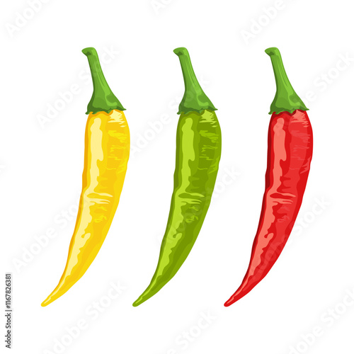Hot Chili Pepper Assortments Vector Illustration Isolated on White.