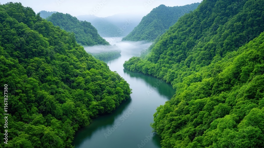 Lush green mountains surround a serene river in a misty landscape. Lush green mountains surround a serene river in a misty landscape.