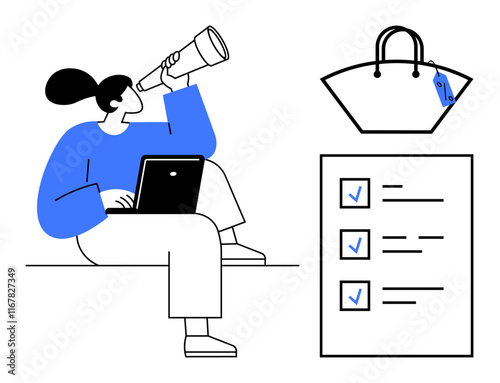 Person working on a laptop with telescope, shopping bag with price tag, and checklist. Ideal for business strategy, planning, e-commerce, shopping, productivity self-organization goals. Abstract
