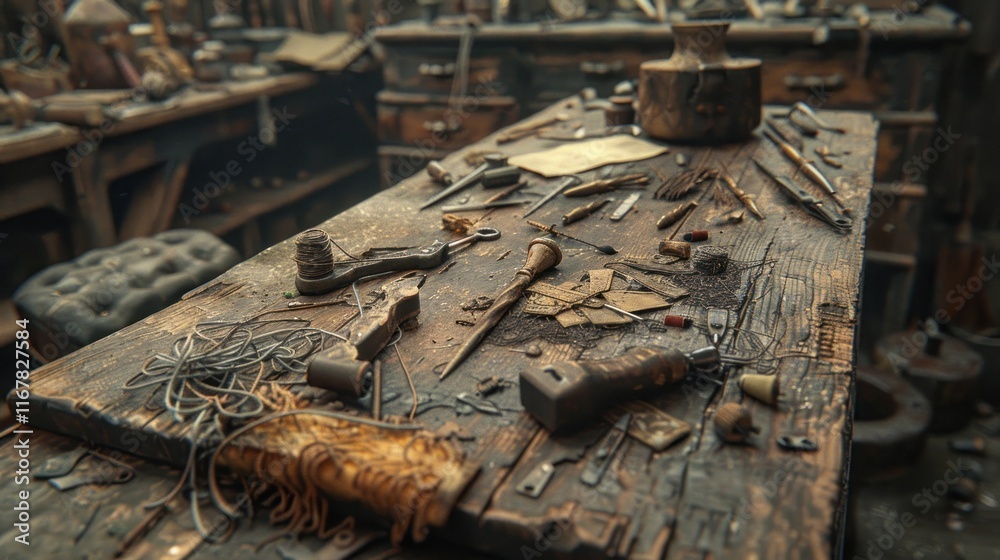 Old cluttered workbench with tools and materials. Old cluttered workbench with tools and materials.