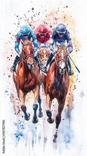 This Vibrant Watercolor Illustration Captures the Thrill of Horse Racing, Featuring Jockeys Racing at Churchill Downs