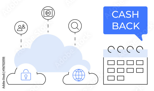 Cloud storage icons with padlock, globe, video, user group, magnifying glass. Cash Back speech bubble near calendar. Ideal for digital security, online services, cloud computing finance rewards