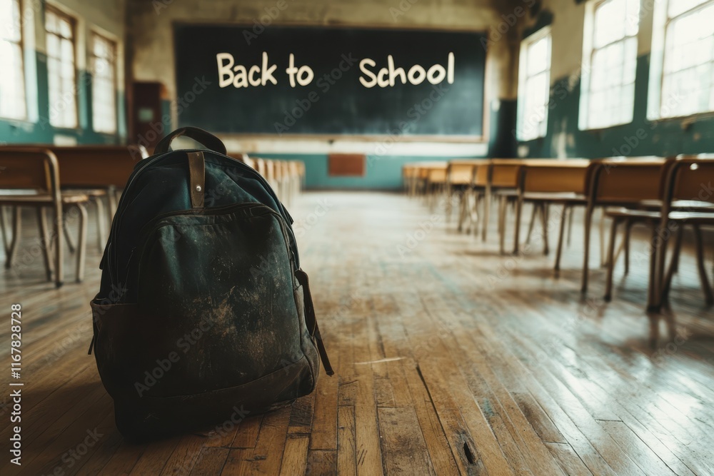 Obraz premium Nostalgic classroom ready for back to school with a vintage backpack and bright chalkboard