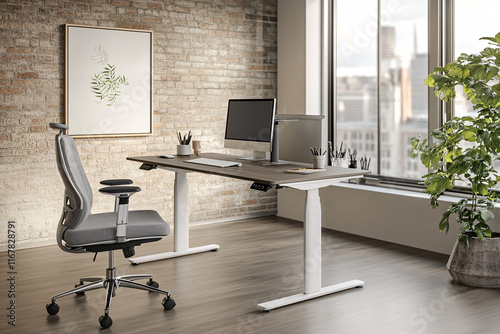 Stylish minimalist workspace with standing desk and laptop docking station