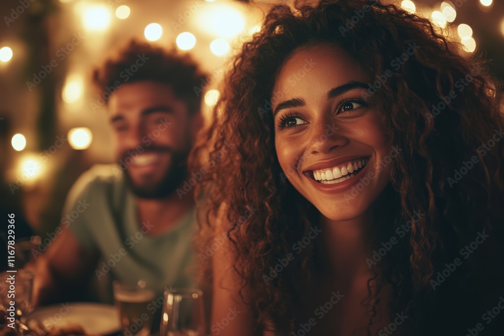 Friends share laughter and joy at a cozy dinner party under twinkling fairy lights in the heart of the evening Friends share laughter and joy at a cozy dinner party under twinkling fairy lights in the heart of the evening