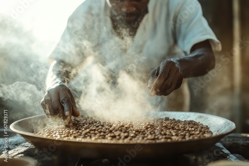 Artisan coffee roasting at dawn in a vibrant market showcasing rich traditions of flavor and craftsmanship photo