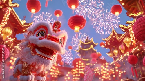 Vibrant Lunar New Year Celebration: Children in Traditional Attire Dancing with Lion Dancers Surrounded by Festive Decorations and Fireworks in 3D Render photo